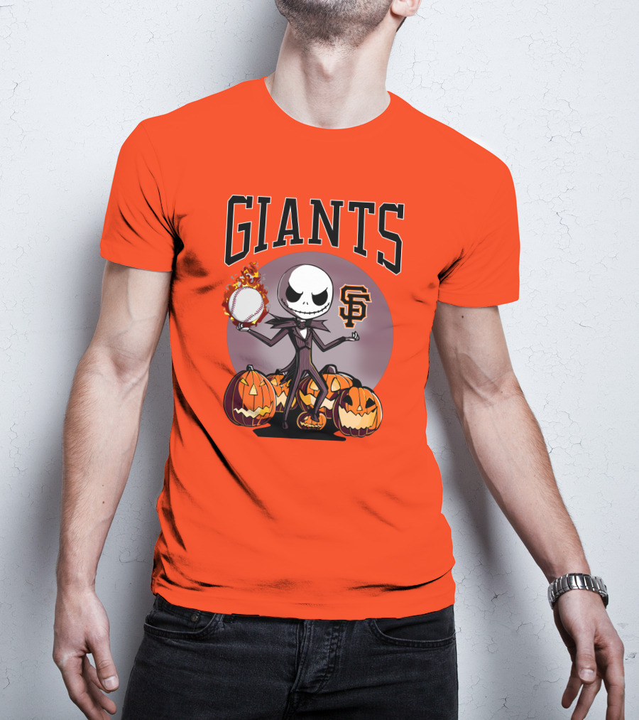 Giants Jack Skellington SF Logo Halloween Pumpkins Baseball T-Shirt