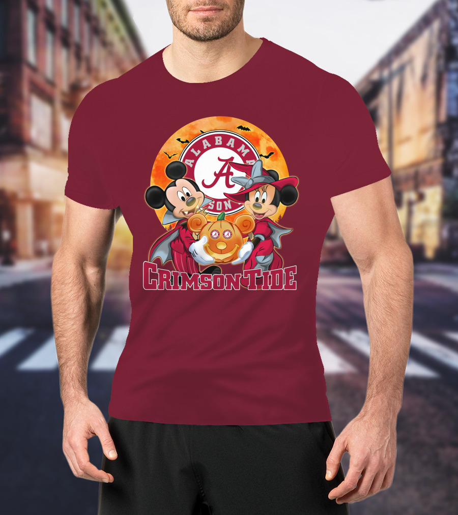 Alabama Crimson Tide Mickey Mouse Minnie Mouse Halloween Pumpkin Circle T-Shirt
