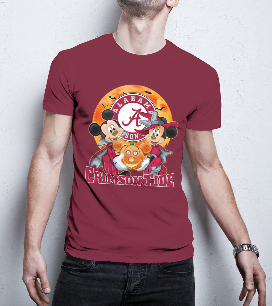 Alabama Crimson Tide Mickey Mouse Minnie Mouse Halloween Pumpkin Circle T-Shirt