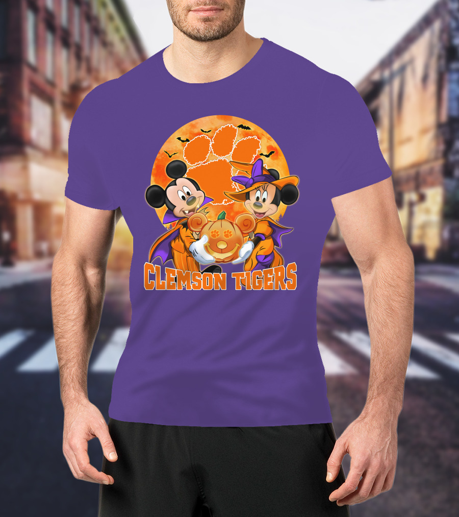 Clemson Tigers Mickey Mouse Minnie Mouse Halloween Pumpkin T-Shirt