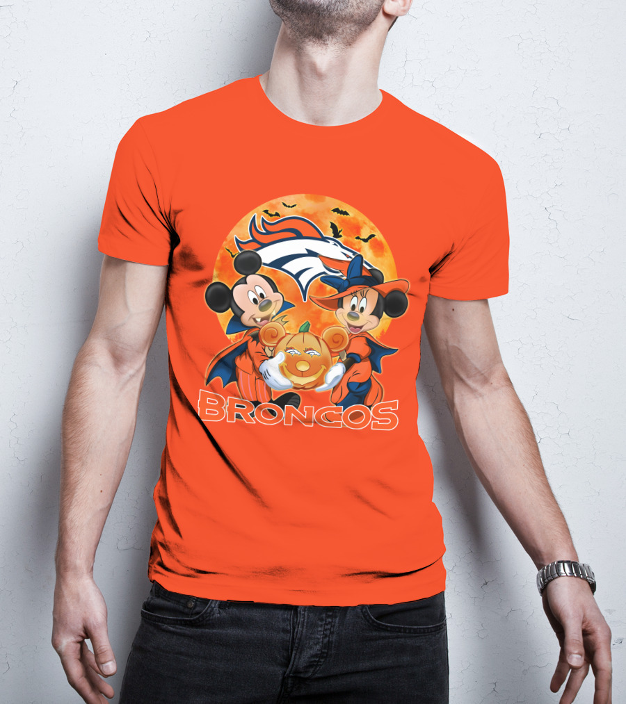 Denver Broncos Mickey Mouse And Minnie Mouse Halloween Broncos T-Shirt
