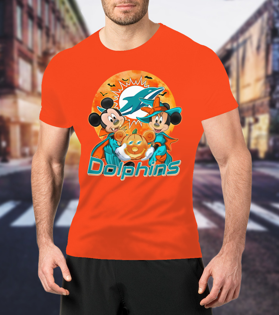 Miami Dolphins Mickey Minnie Halloween Pumpkin Bats T-Shirt