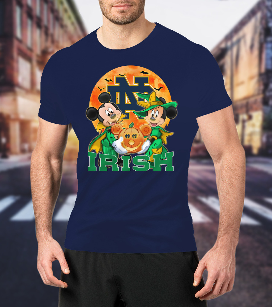 Notre Dame Fighting Irish Mickey Mouse Minnie Mouse Halloween Irish Pumpkin T-Shirt