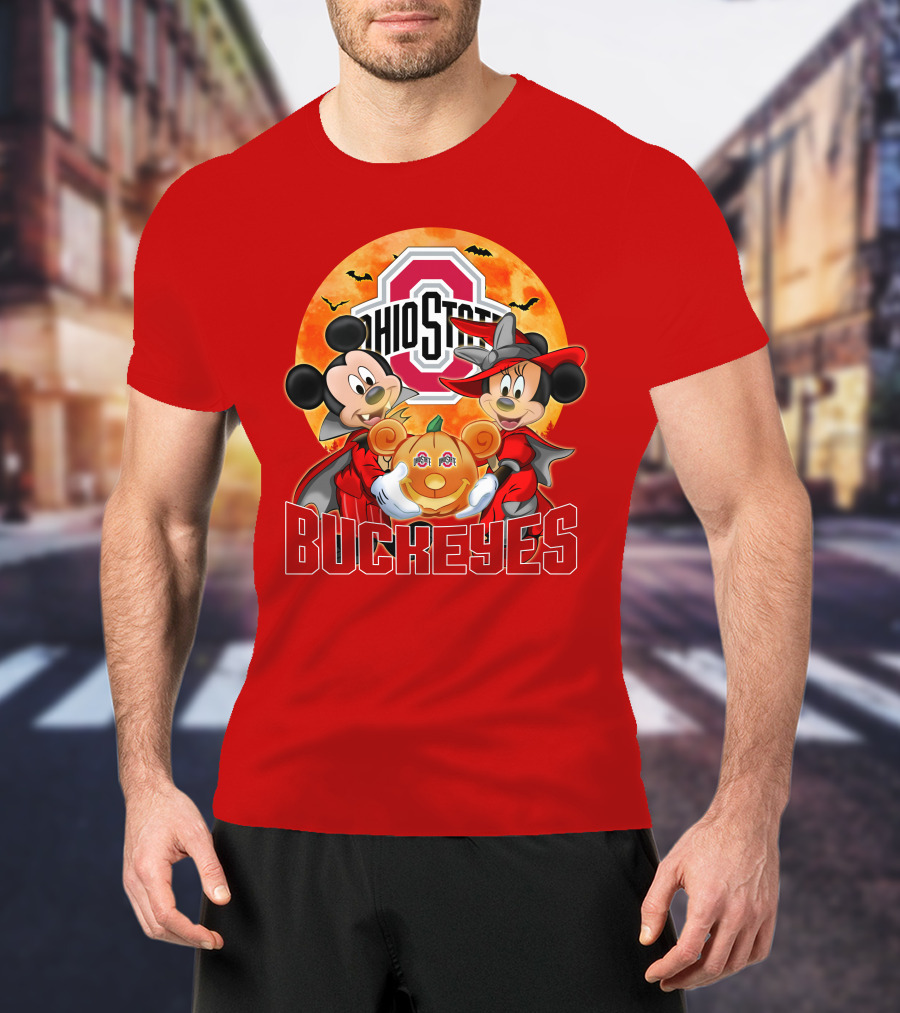 Ohio State Buckeyes Mickey Mouse Minnie Mouse Halloween Pumpkin T-Shirt