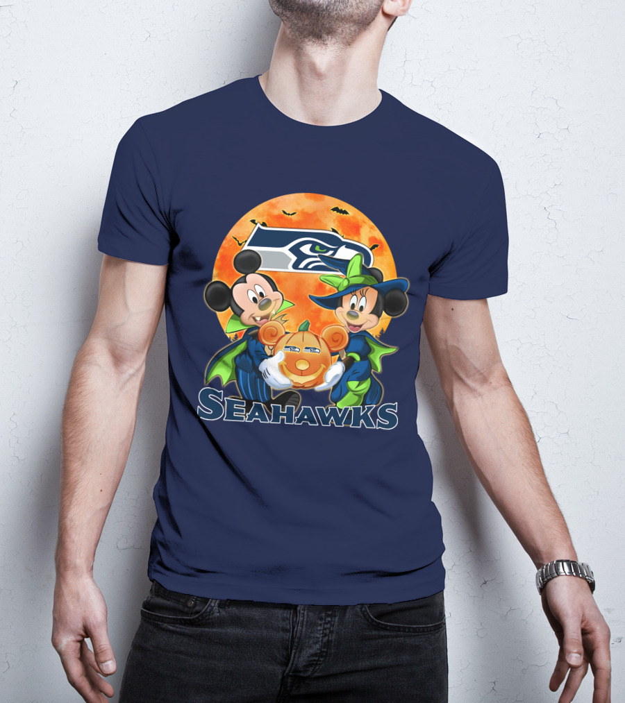 Seattle Seahawks Mickey Mouse And Minnie Mouse Halloween Pumpkin T-Shirt