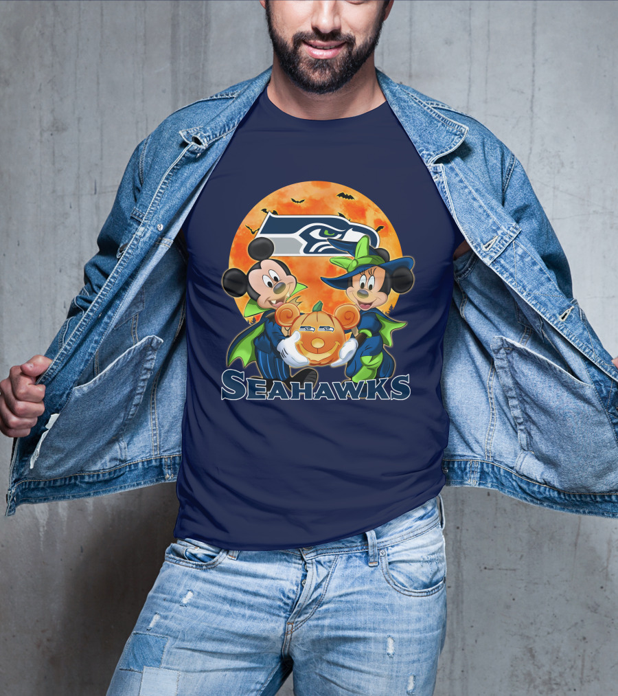 Seattle Seahawks Mickey Mouse And Minnie Mouse Halloween Pumpkin T-Shirt