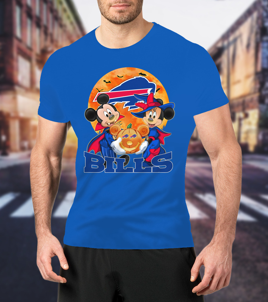 Buffalo Bills Halloween Mickey Mouse And Minnie Mouse Pumpkin T-Shirt