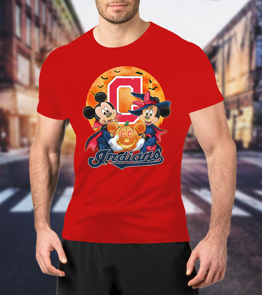 Cleveland Indians Mickey Mouse Minnie Mouse Halloween C Logo Pumpkin T-Shirt