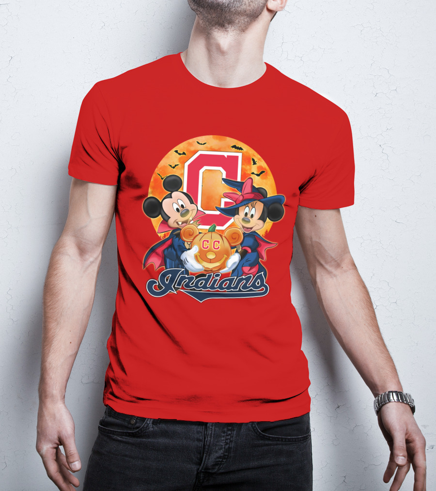 Cleveland Indians Mickey Mouse Minnie Mouse Halloween C Logo Pumpkin T-Shirt