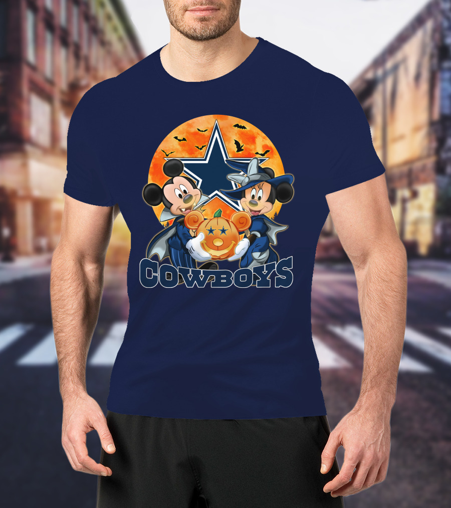Cowboys Halloween Mickey Mouse And Minnie Mouse With Pumpkin Dallas T-Shirt