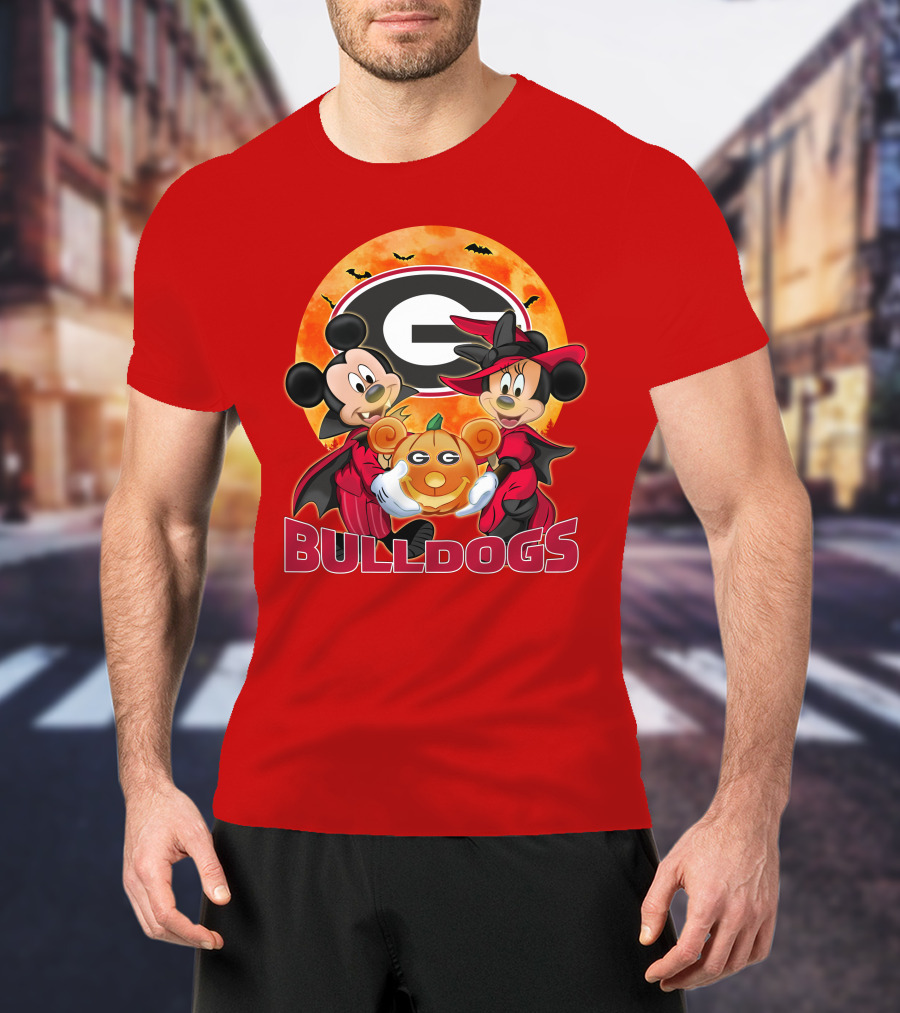 Georgia Bulldogs Mickey And Minnie Mouse Halloween Pumpkin T-Shirt