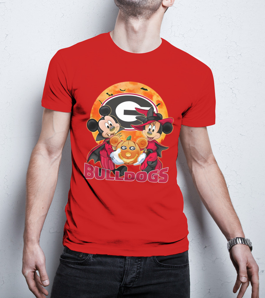 Georgia Bulldogs Mickey And Minnie Mouse Halloween Pumpkin T-Shirt