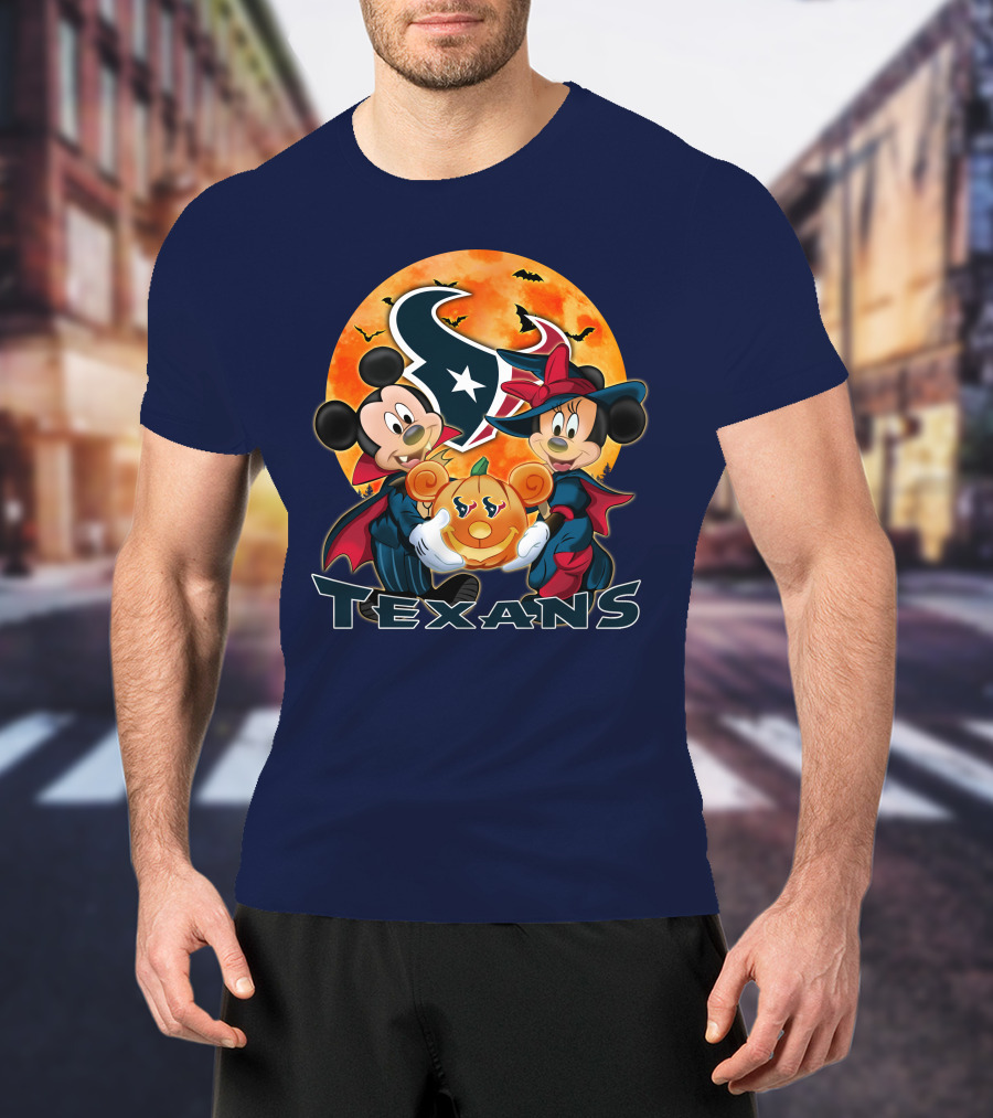 Houston Texans Mickey Mouse And Minnie Mouse Halloween Pumpkin Moon Bats T-Shirt