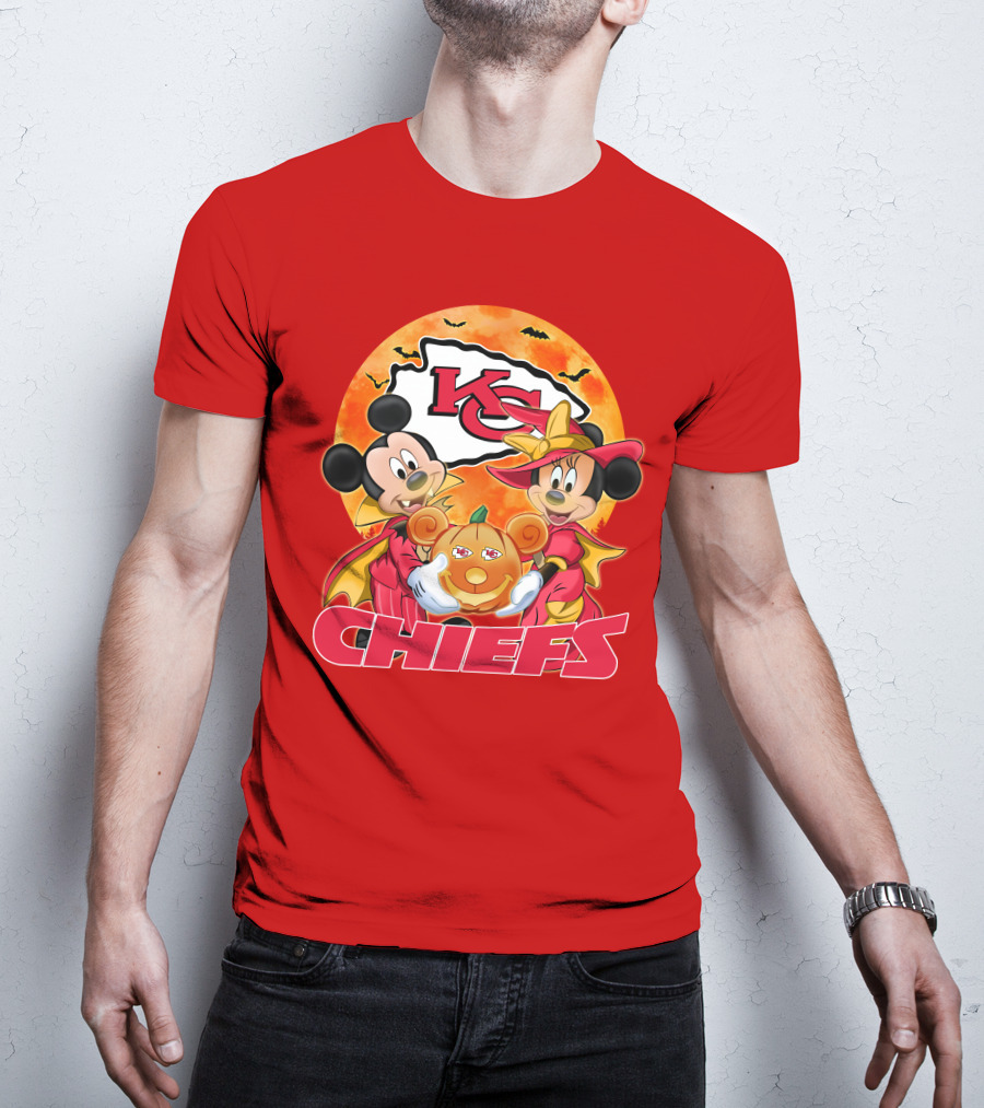 Kansas City Chiefs Mickey Mouse Minnie Mouse Halloween Chiefs Logo Pumpkin T-Shirt