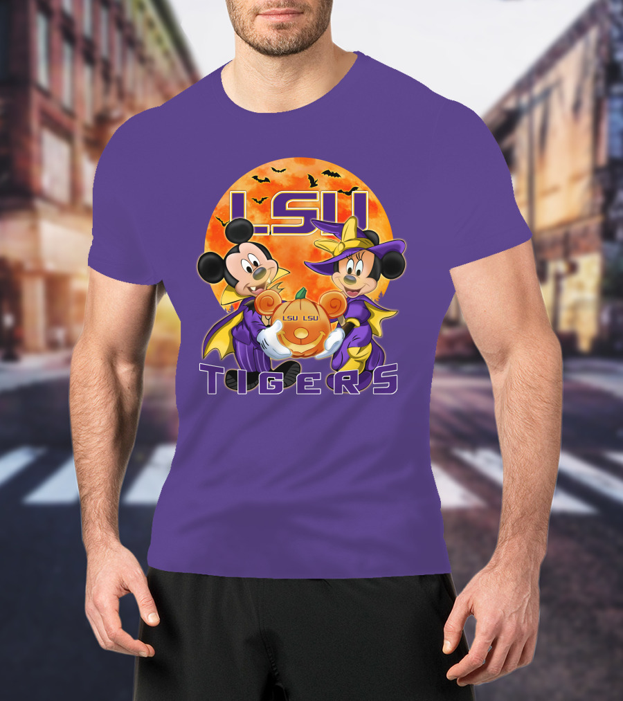 LSU Tigers Mickey Mouse And Minnie Mouse Halloween Pumpkin T-Shirt