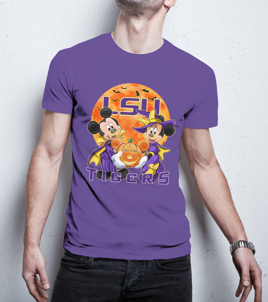 LSU Tigers Mickey Mouse And Minnie Mouse Halloween Pumpkin T-Shirt