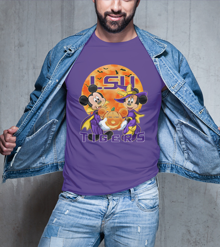 LSU Tigers Mickey Mouse And Minnie Mouse Halloween Pumpkin T-Shirt