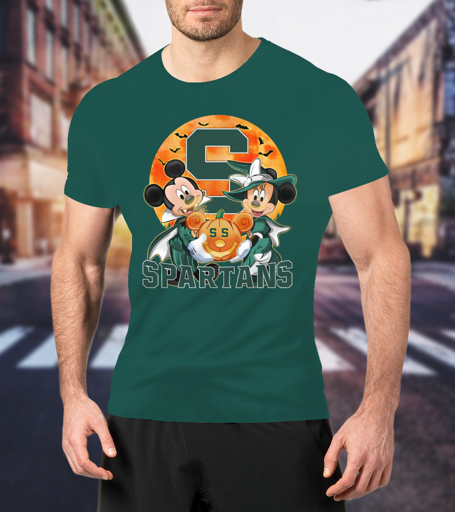 Michigan State Spartans Mickey Mouse Minnie Mouse Halloween Pumpkin Moon Bats T-Shirt