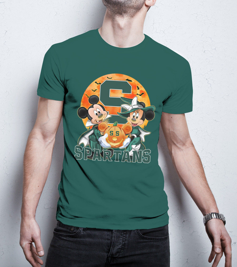Michigan State Spartans Mickey Mouse Minnie Mouse Halloween Pumpkin Moon Bats T-Shirt