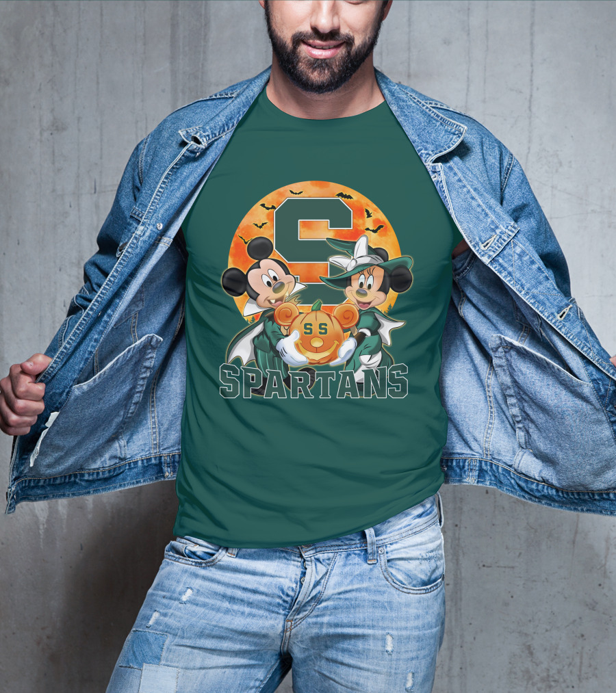 Michigan State Spartans Mickey Mouse Minnie Mouse Halloween Pumpkin Moon Bats T-Shirt