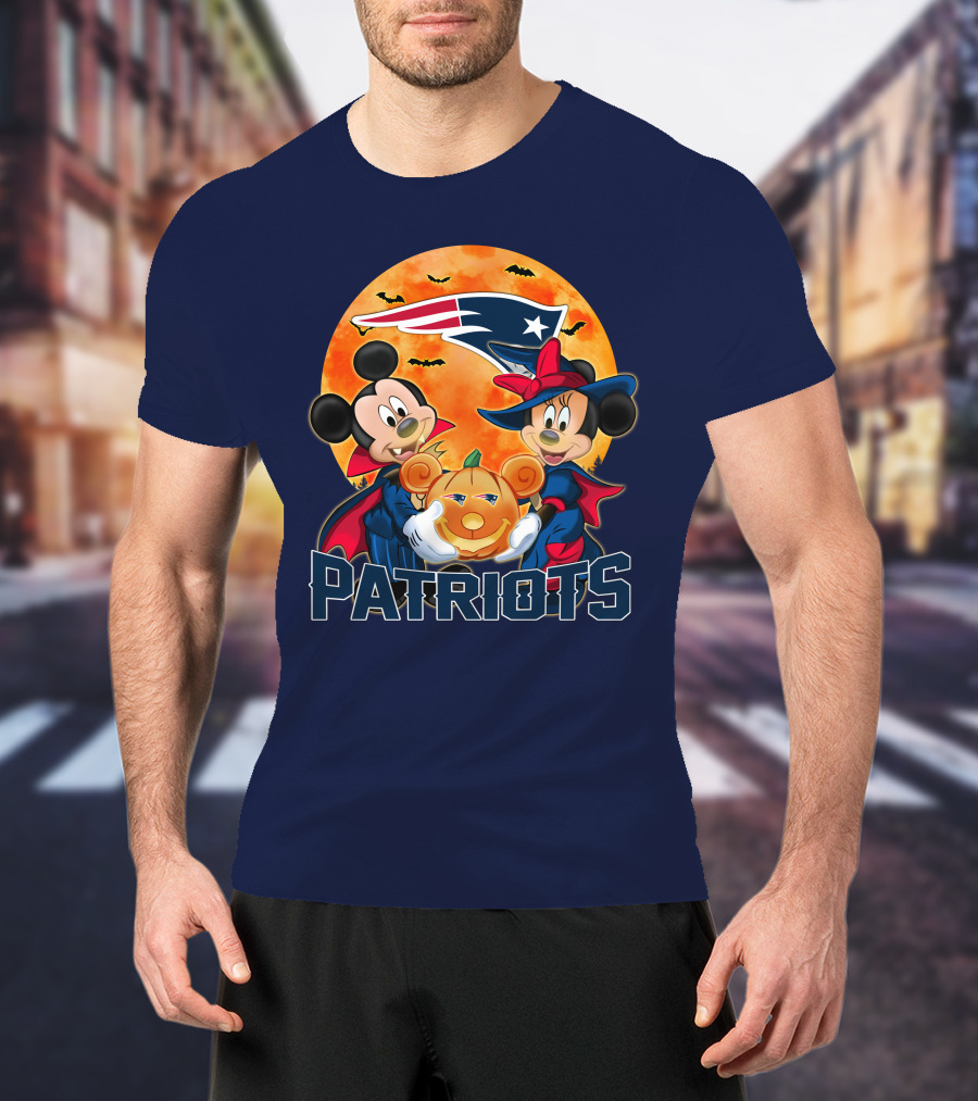 Patriots Halloween Mickey Mouse And Minnie Mouse With Pumpkin And New England Football T-Shirt