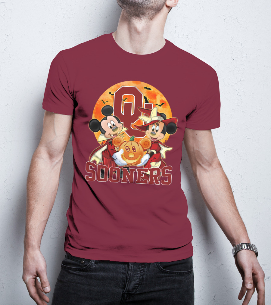 Oklahoma Sooners Mickey Mouse And Minnie Mouse Halloween Pumpkin Moon Bats T-Shirt