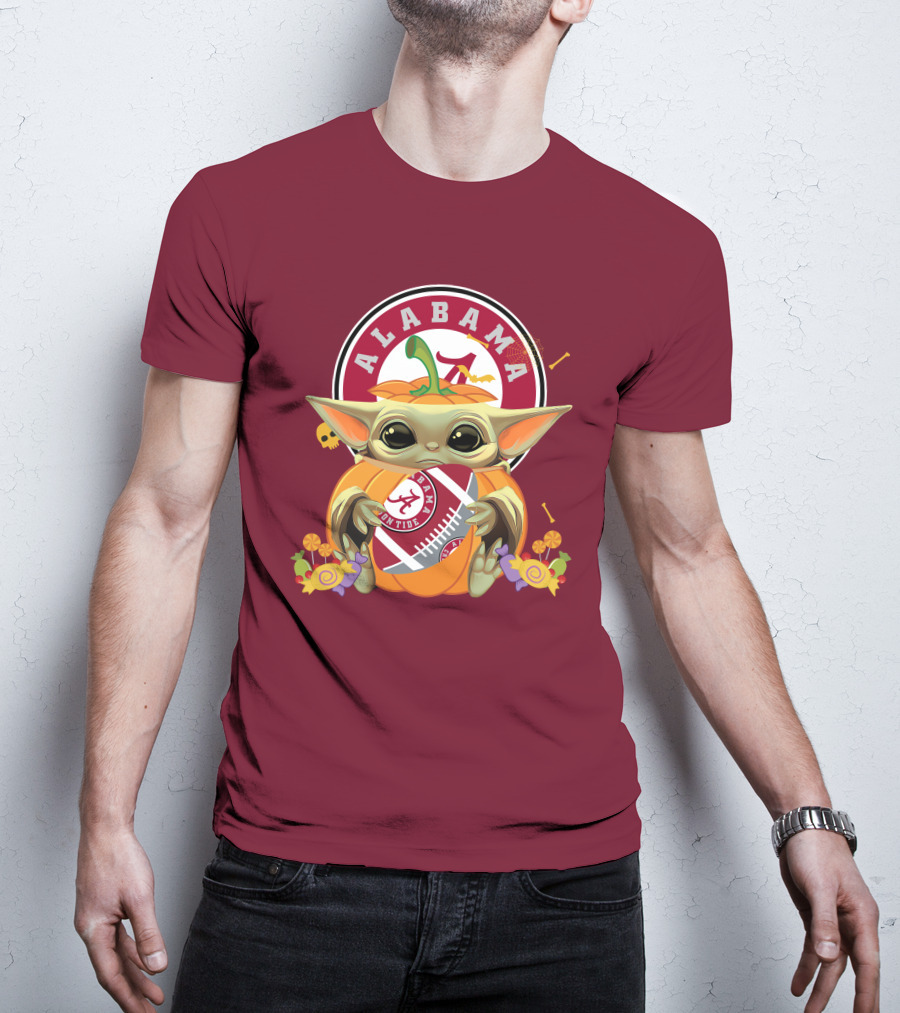 Halloween Pumpkin Baby Yoda Hug Alabama Crimson Tide Football T-Shirt