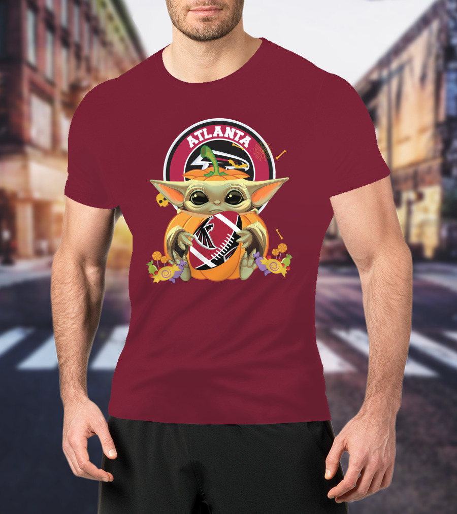 Halloween Pumpkin Baby Yoda Hug Atlanta Falcons Football T-Shirt