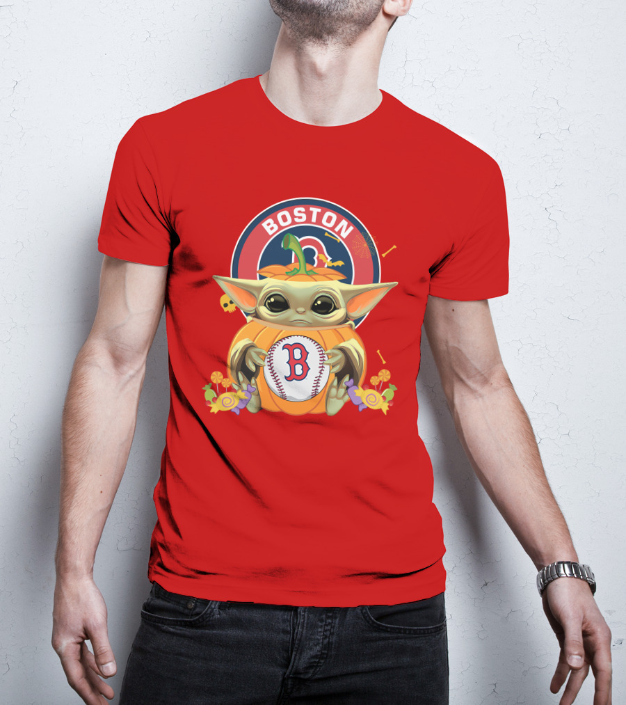 Boston Red Sox Halloween Baby Yoda Pumpkin Hug T-Shirt