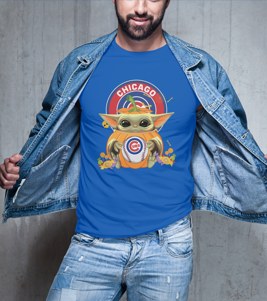 Halloween Pumpkin Baby Yoda Chicago Cubs Baseball Theme T-Shirt