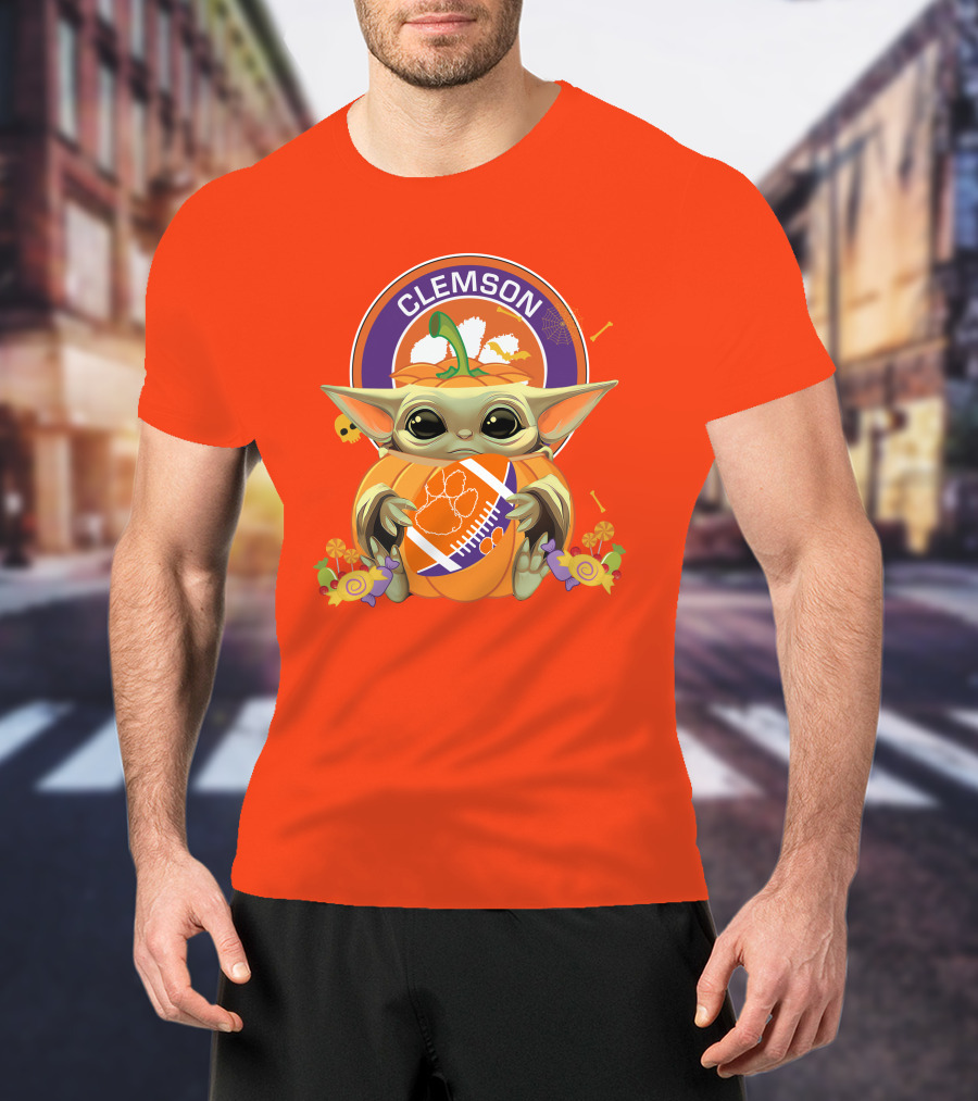 Halloween Pumpkin Baby Yoda Clemson Tigers Football T-Shirt