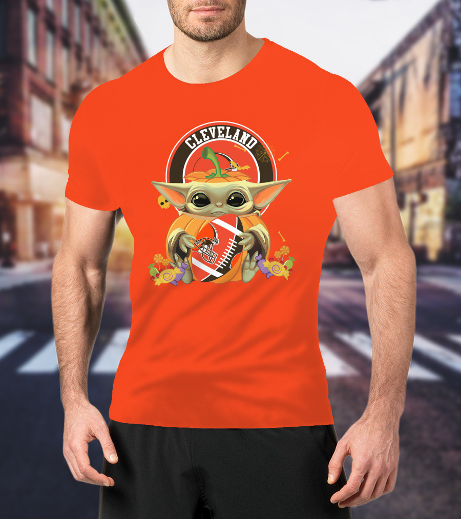 Cleveland Halloween Pumpkin Baby Yoda Holding Football T-Shirt