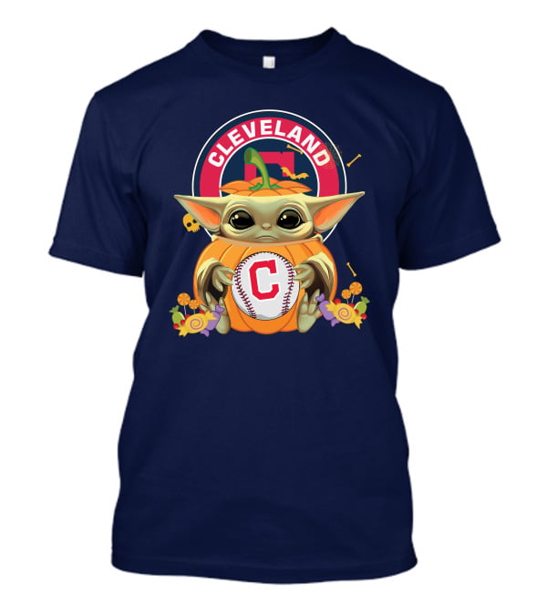 Halloween Pumpkin Baby Yoda Hug Cleveland Baseball Team T-Shirt