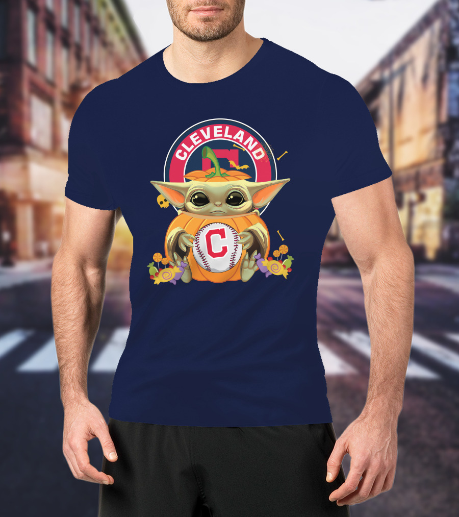 Halloween Pumpkin Baby Yoda Hug Cleveland Baseball Team T-Shirt