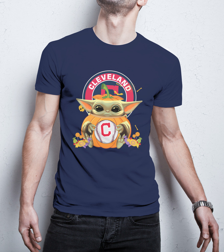 Halloween Pumpkin Baby Yoda Hug Cleveland Baseball Team T-Shirt