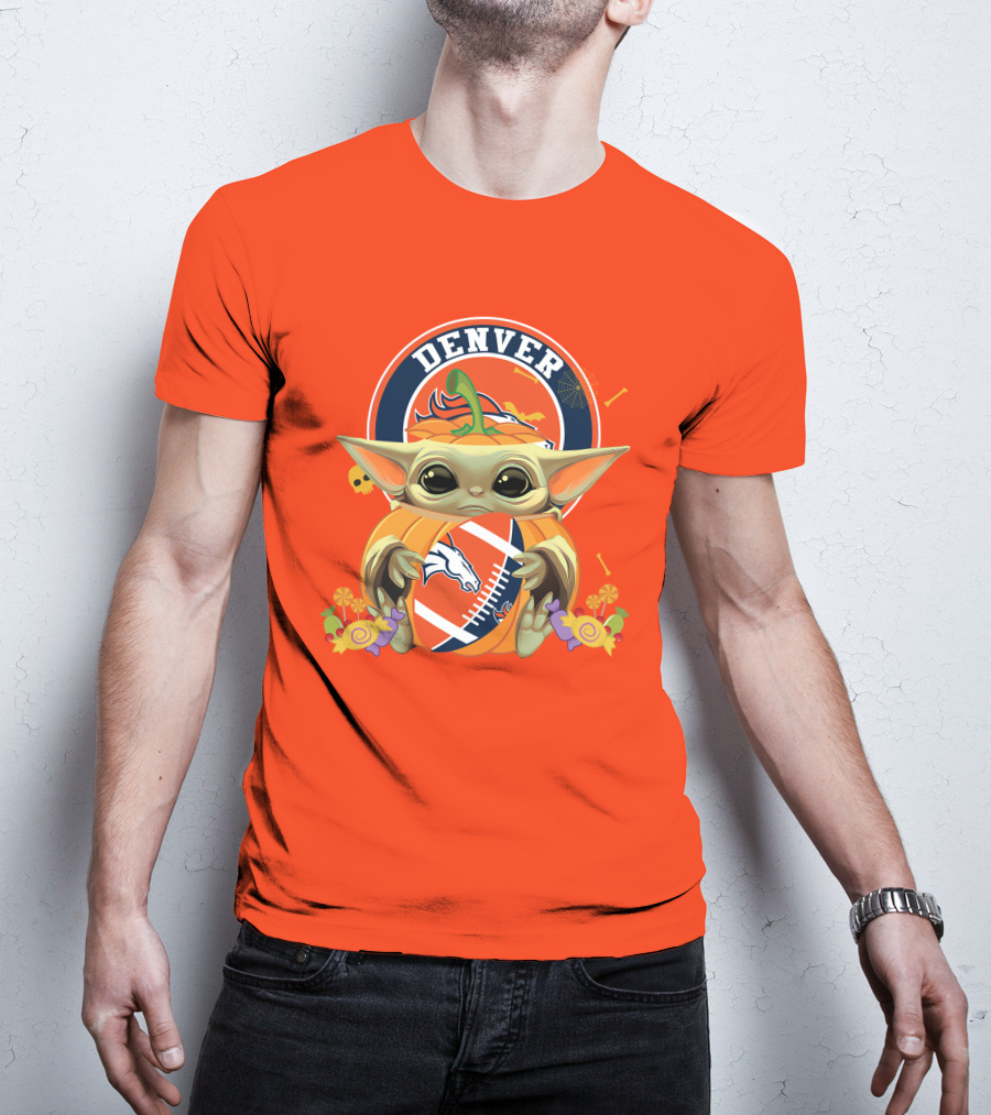 Halloween Pumpkin Baby Yoda Holding Denver Broncos Football Logo With Candy And Skulls T-Shirt