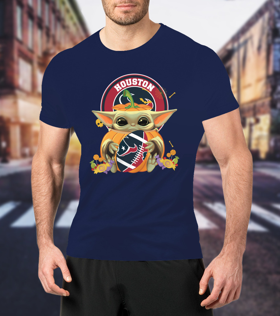 Halloween Pumpkin Baby Yoda Holding Houston Texans Logo Sphere T-Shirt