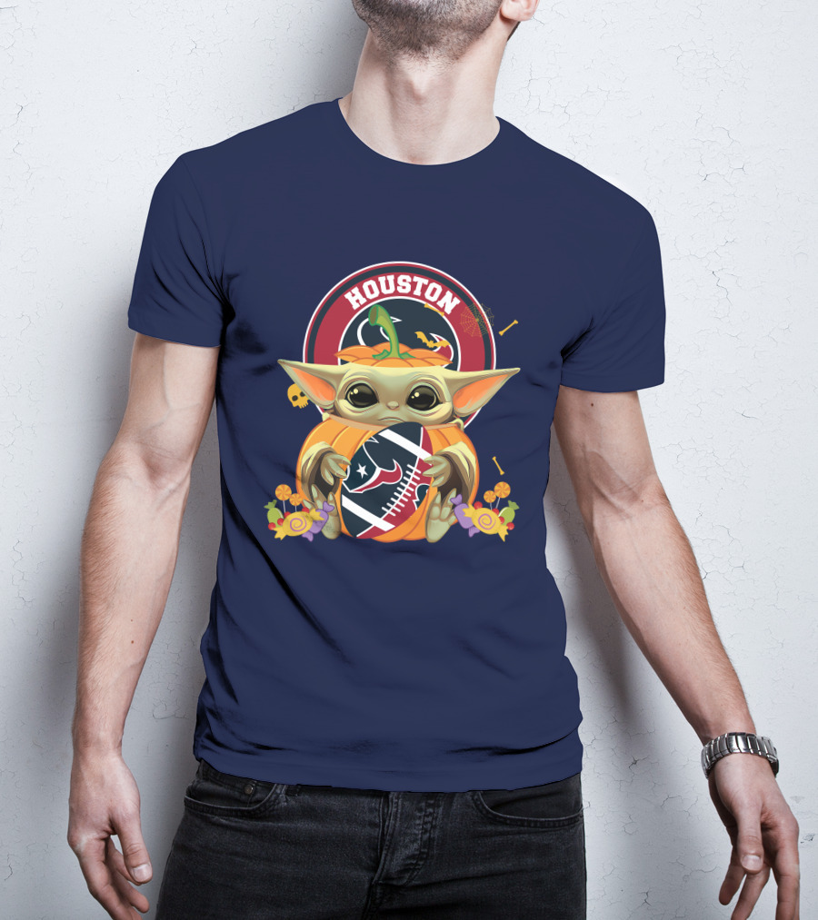Halloween Pumpkin Baby Yoda Holding Houston Texans Logo Sphere T-Shirt