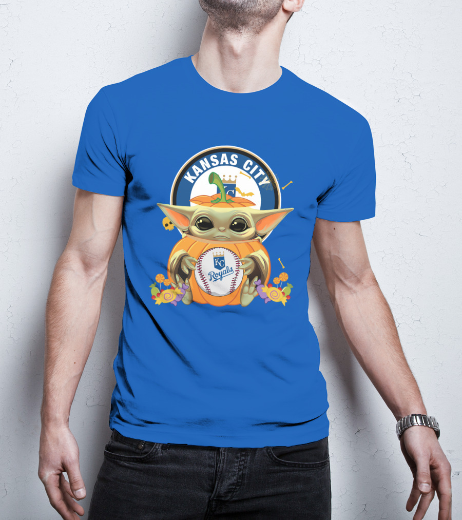 Halloween Pumpkin Baby Yoda Hug KC Royals Baseball T-Shirt