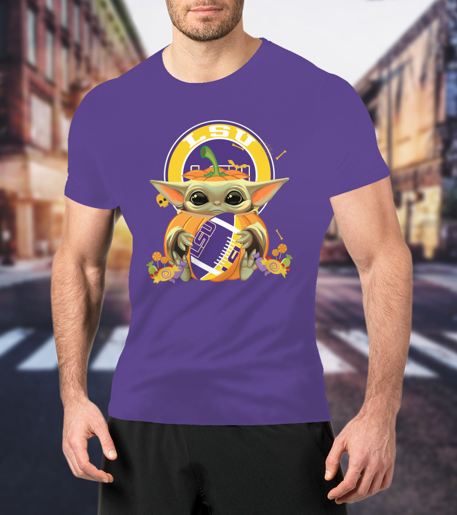 LSU Tigers Halloween Pumpkin Baby Yoda Hug Football T-Shirt