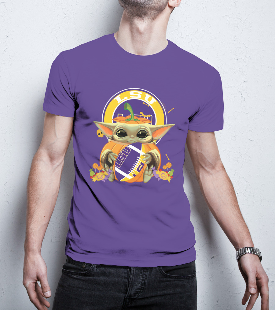 LSU Tigers Halloween Pumpkin Baby Yoda Hug Football T-Shirt