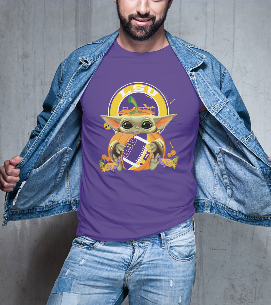 LSU Tigers Halloween Pumpkin Baby Yoda Hug Football T-Shirt