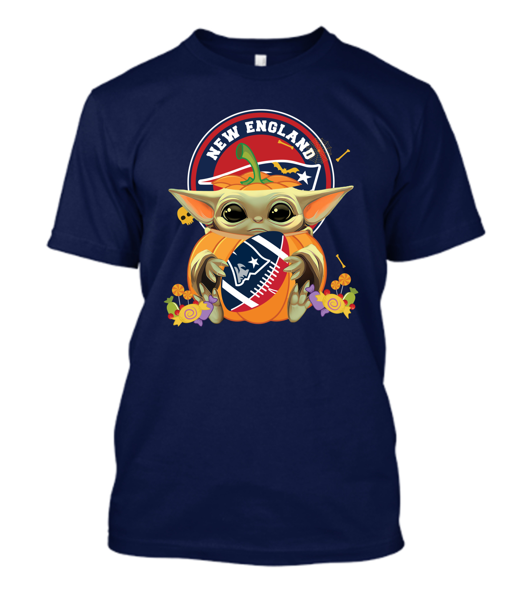 Halloween Pumpkin Baby Yoda Holding New England Patriots Football T-Shirt
