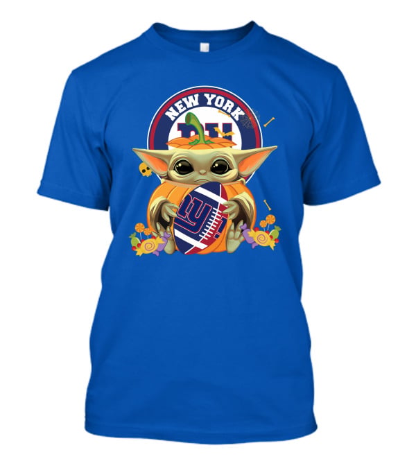 Halloween Pumpkin Baby Yoda Holding New York Giants Football T-Shirt