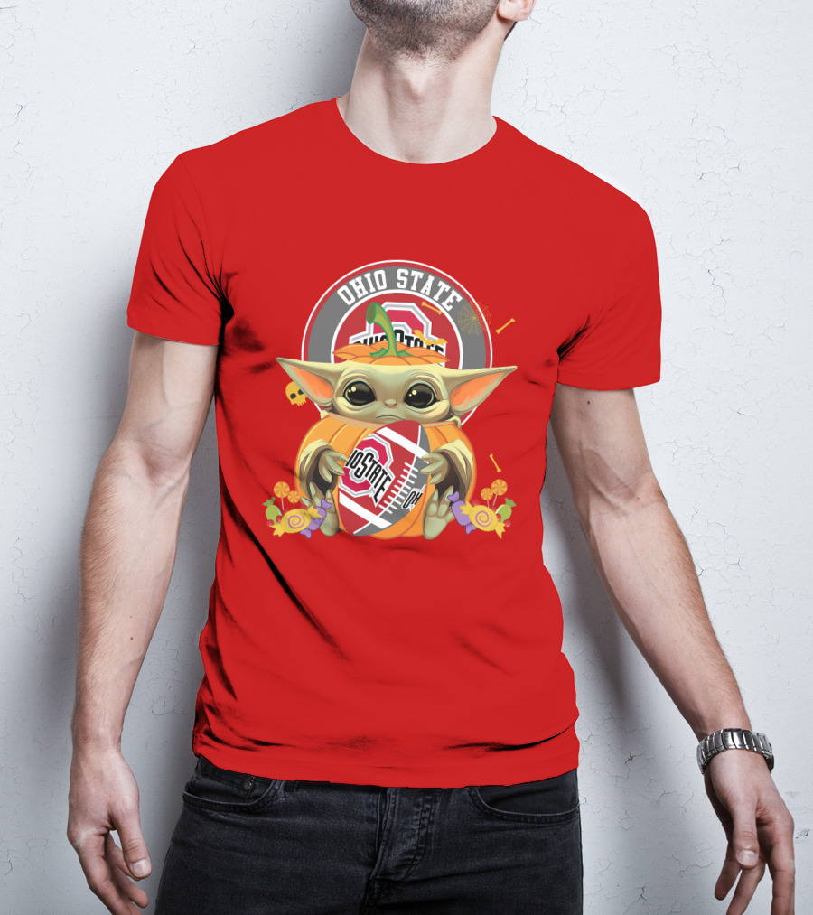 Halloween Pumpkin Ohio State Buckeyes Baby Yoda Hug Football T-Shirt