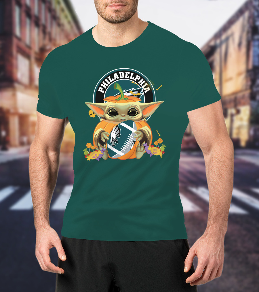 Halloween Pumpkin Baby Yoda Holding Philadelphia Eagles Football T-Shirt
