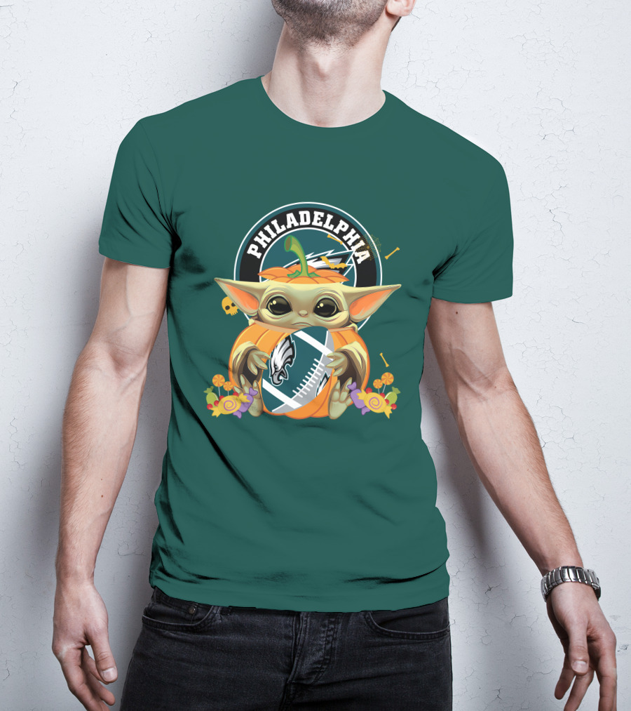 Halloween Pumpkin Baby Yoda Holding Philadelphia Eagles Football T-Shirt