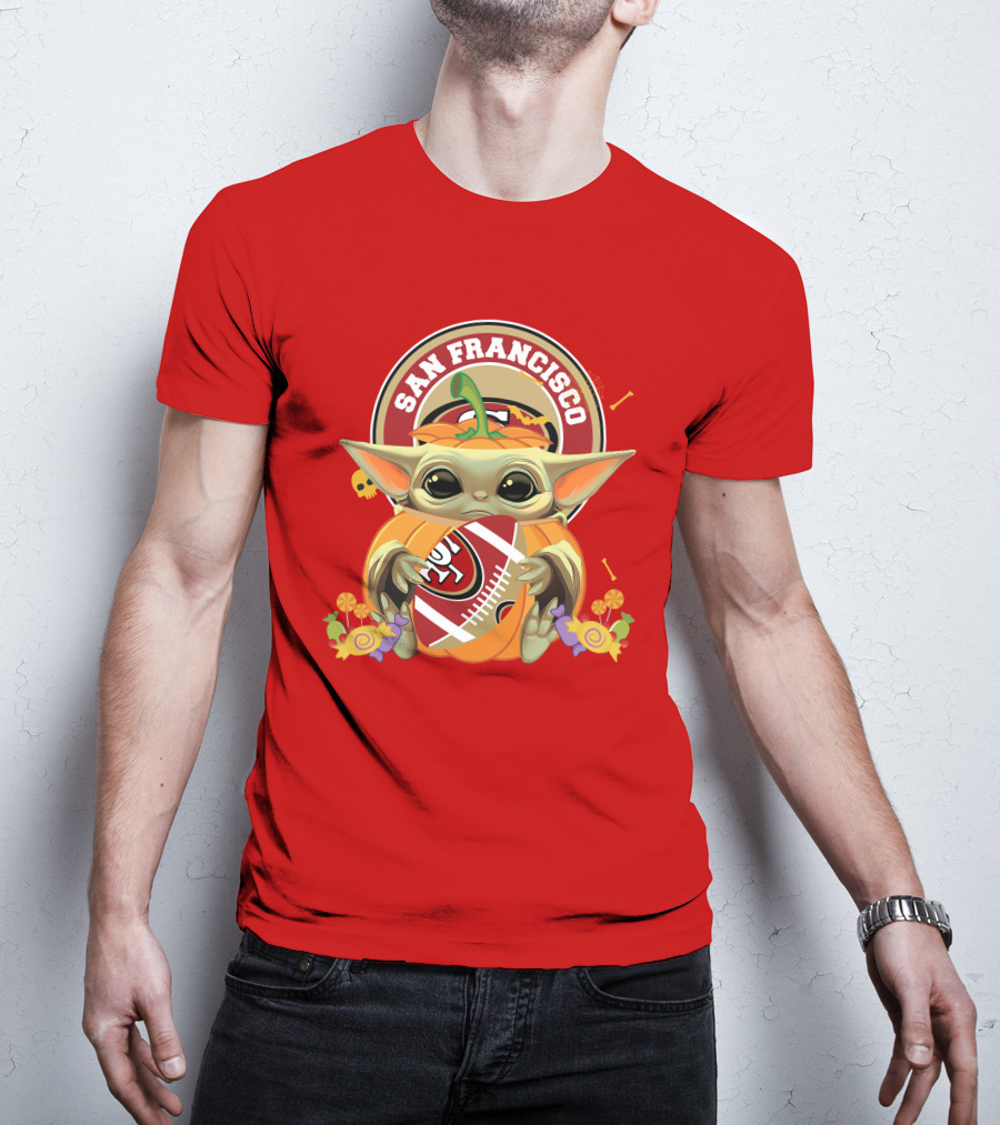 Halloween Pumpkin Baby Yoda Hug San Francisco 49ers Football T-Shirt