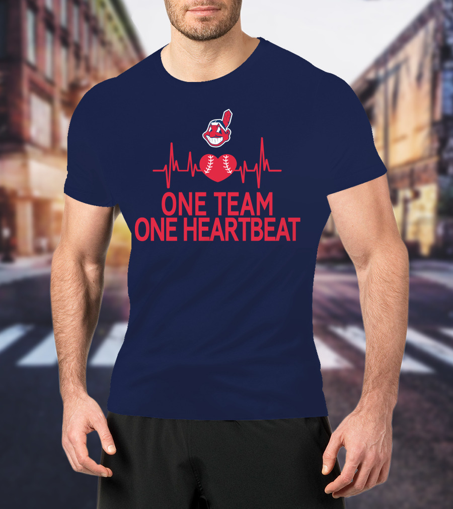 Cleveland Indians One Team One Heartbeat Baseball Heartbeat Line Chief Wahoo T-Shirt