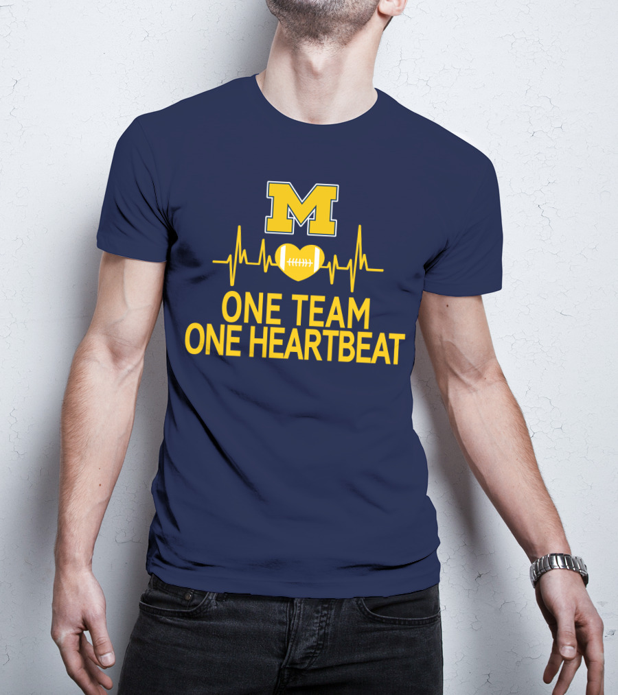 M Michigan Wolverines Football One Team One Heartbeat T-Shirt